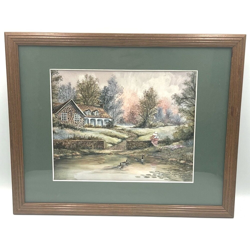 Framed Art Print Jan Ward Calaski Country Stone Cottage Geese Landscape 15x13